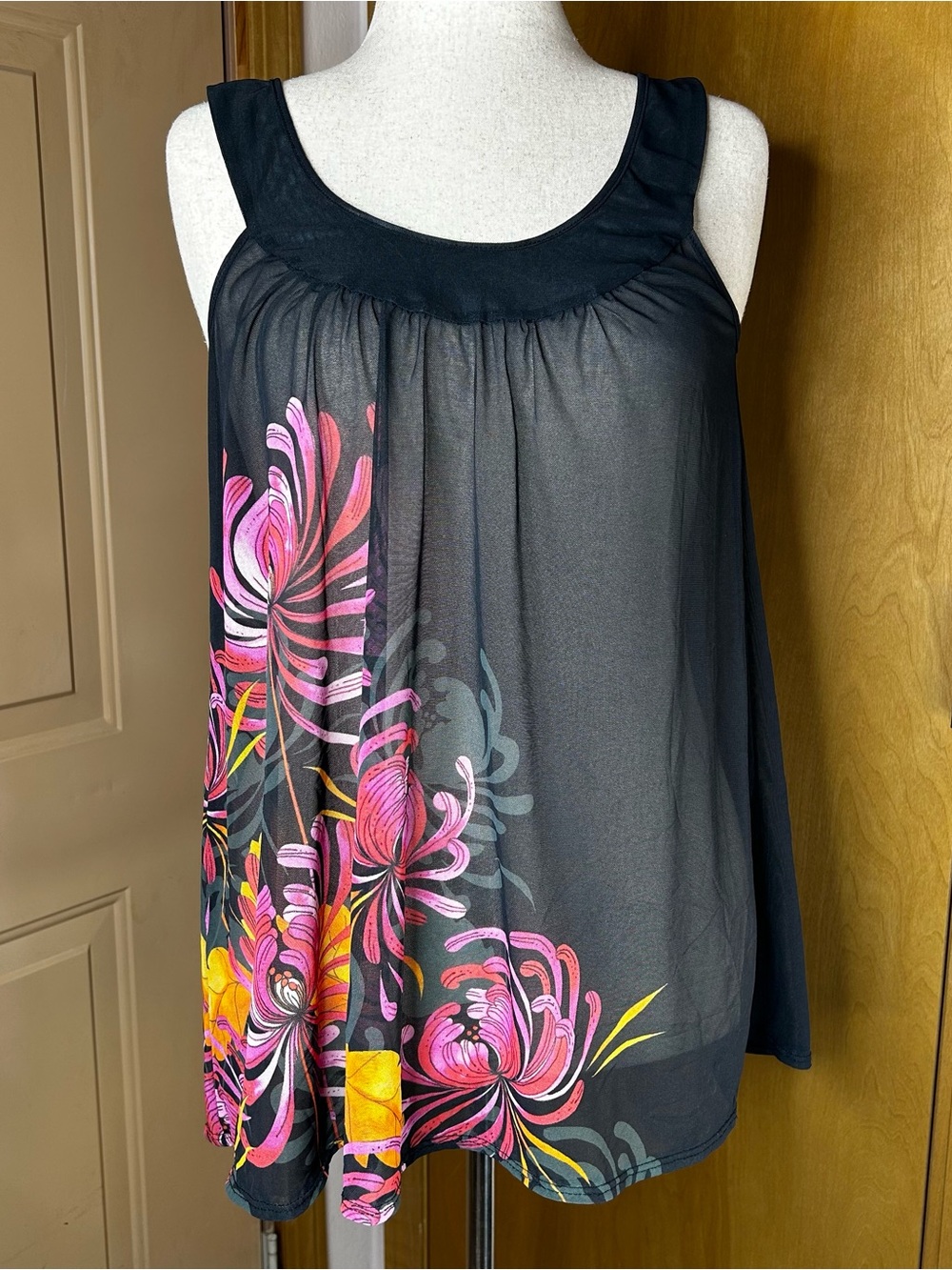 Sheer Black Floral-Print Camisole with Pink & Yellow Blooms